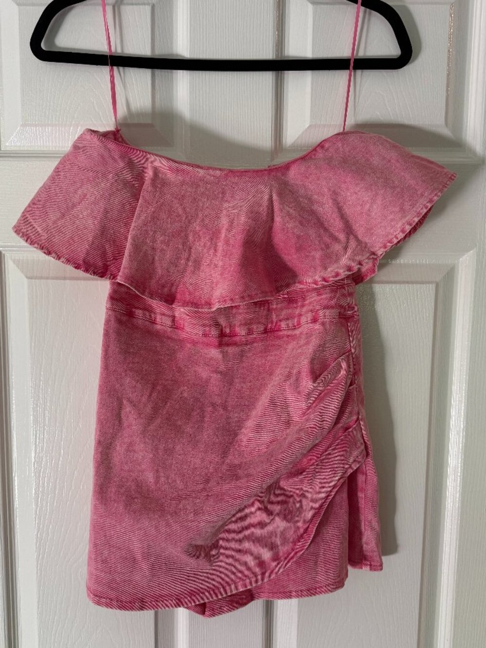 Bright Hot Pink Ruffle Strapless Denim Romper